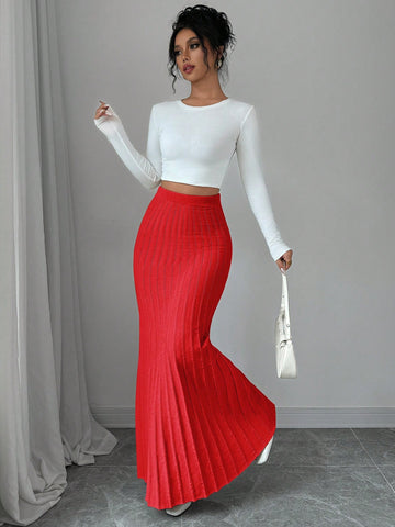High Waisted Ribbed Knit Maxi Skirt
