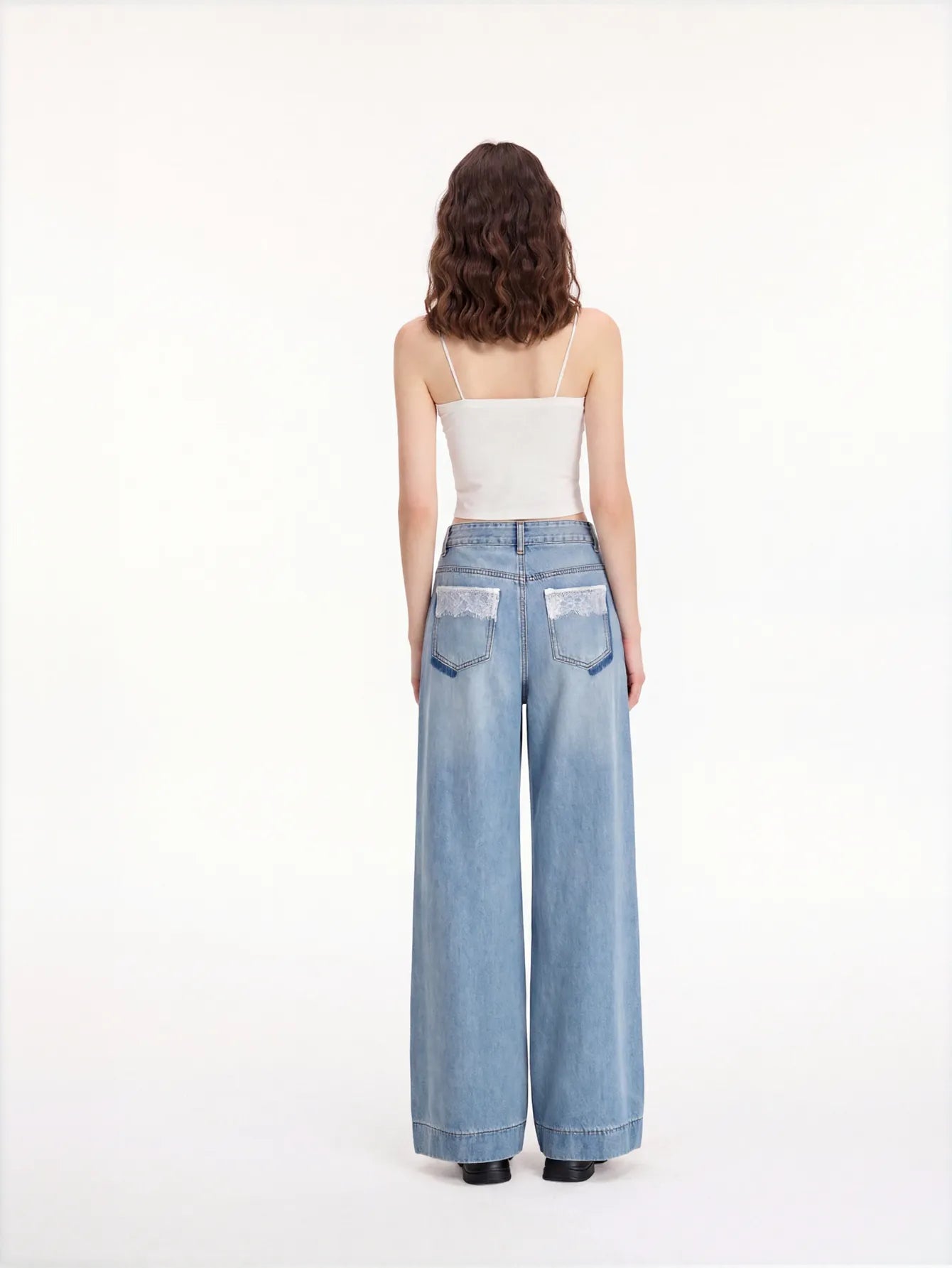 Lace Trim High Waisted Wide Leg Jeans