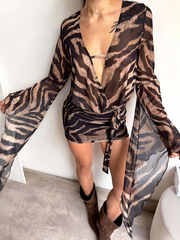 Sheer Animal Print Wrap Mini Dress