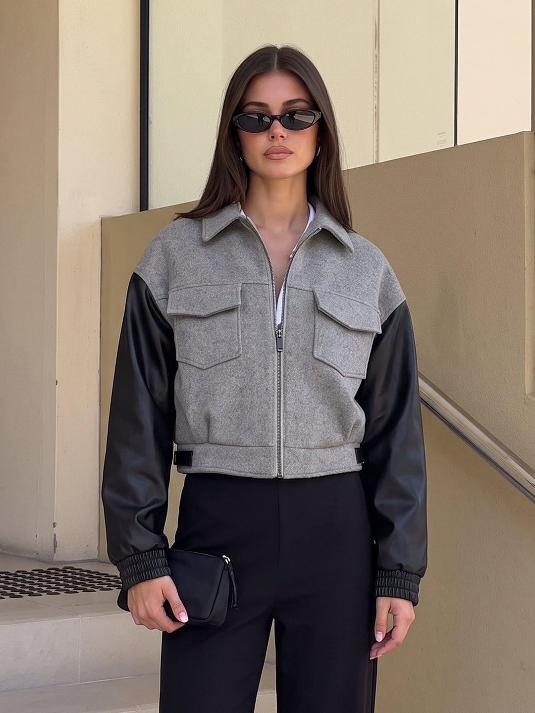 Colorblock Faux Leather Wool Blend Jacket