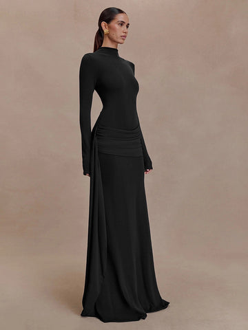 Elegant Ruched Mock Neck Maxi Dress