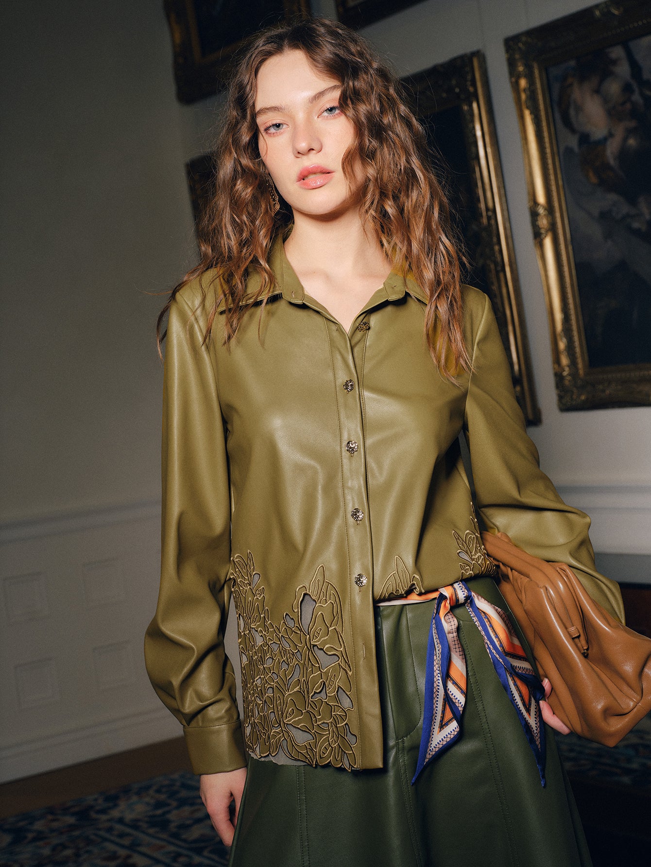 Embroidered Faux Leather Button Down Shirt