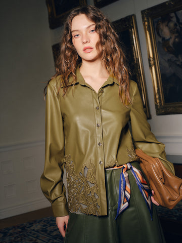 Embroidered Faux Leather Button Down Shirt