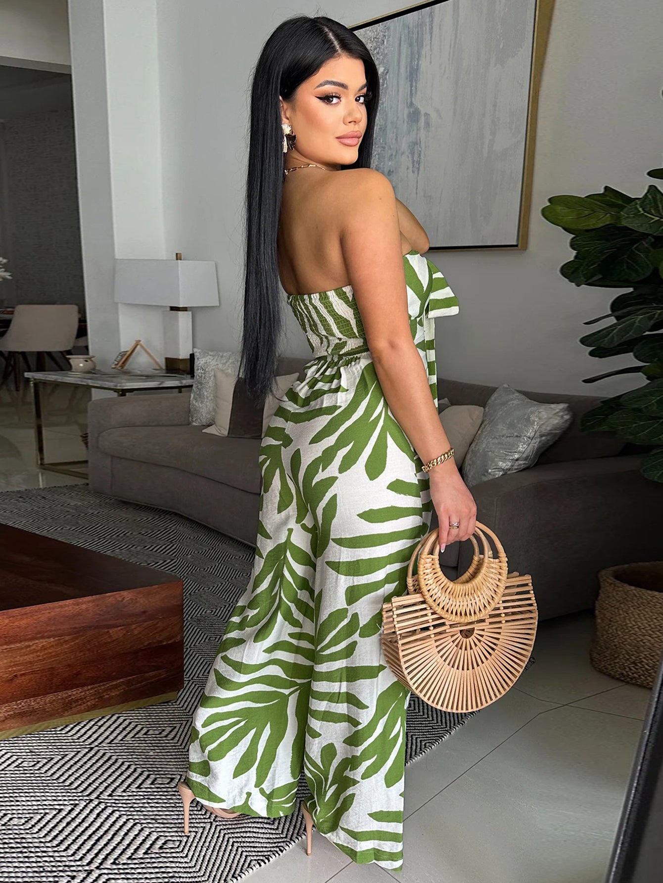 Green Leaf Print Tie Front Casual Jumpsuit