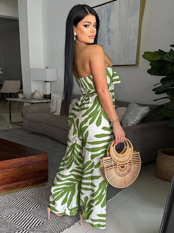 Green Leaf Print Tie Front Casual Jumpsuit