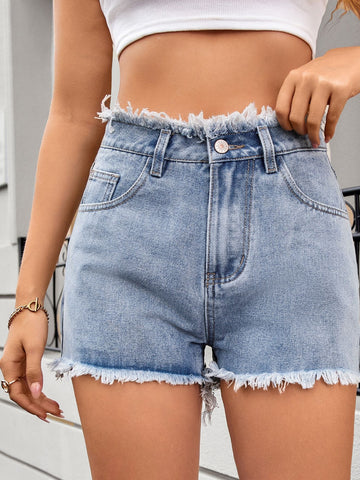 High Waisted Raw Hem Denim Shorts