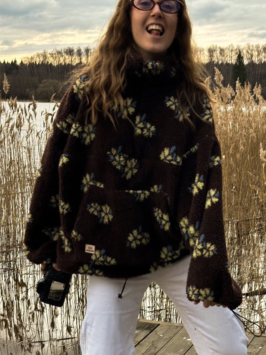 Cozy Floral Print Sherpa Pullover