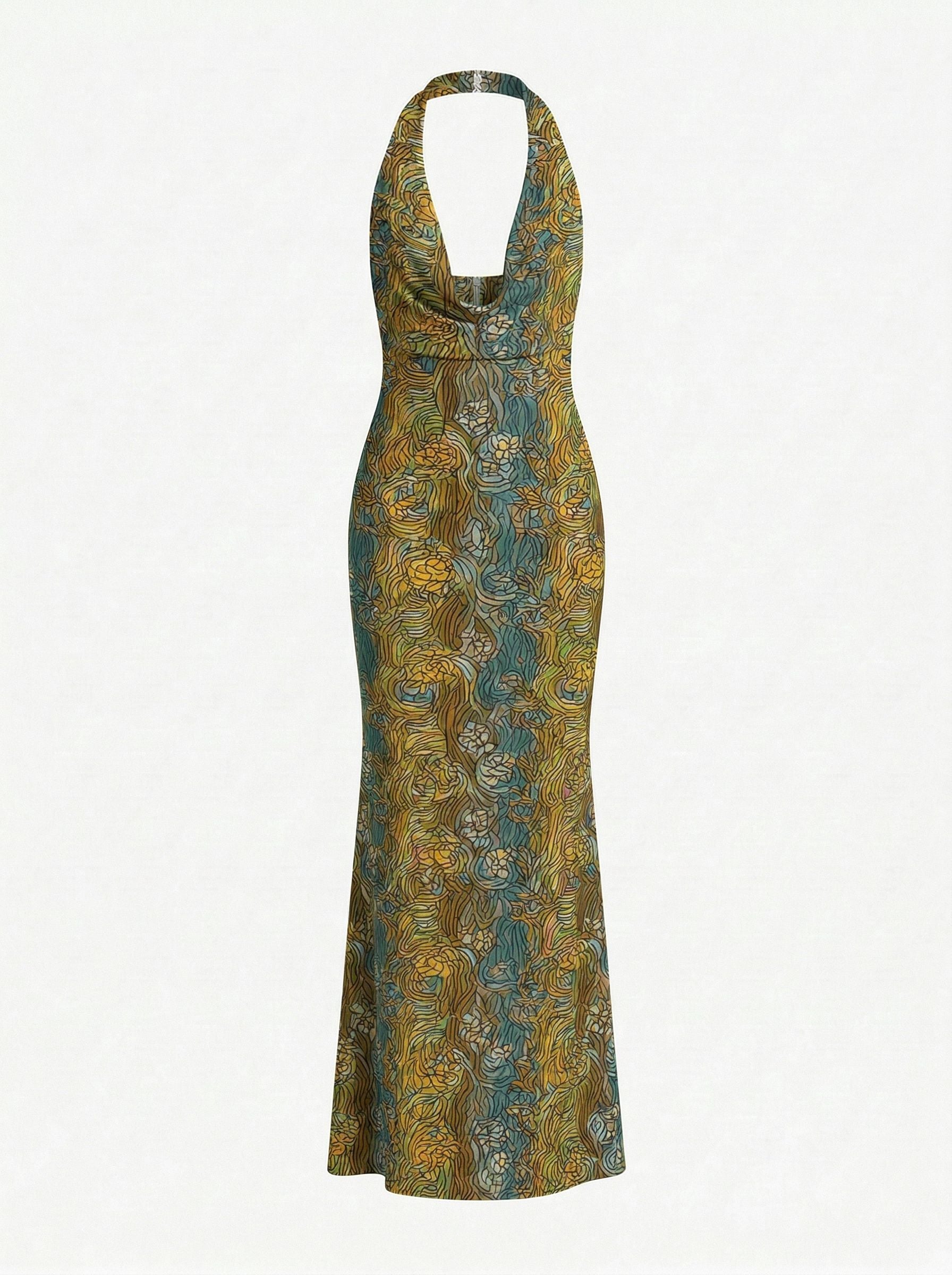 LILA Floral Print Cowl Neck Bodycon Midi Dress