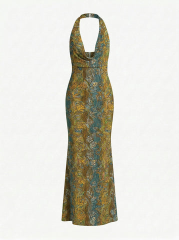 LILA Floral Print Cowl Neck Bodycon Midi Dress