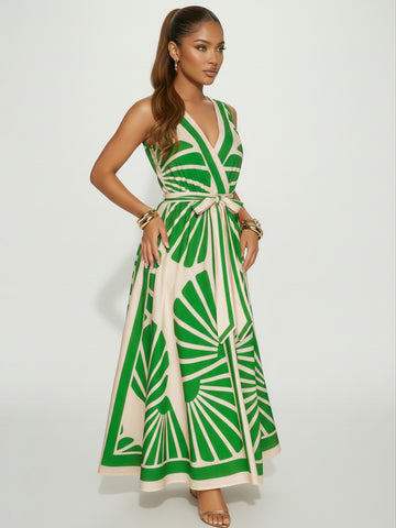 V Neck Printed Bohemian Maxi Dress