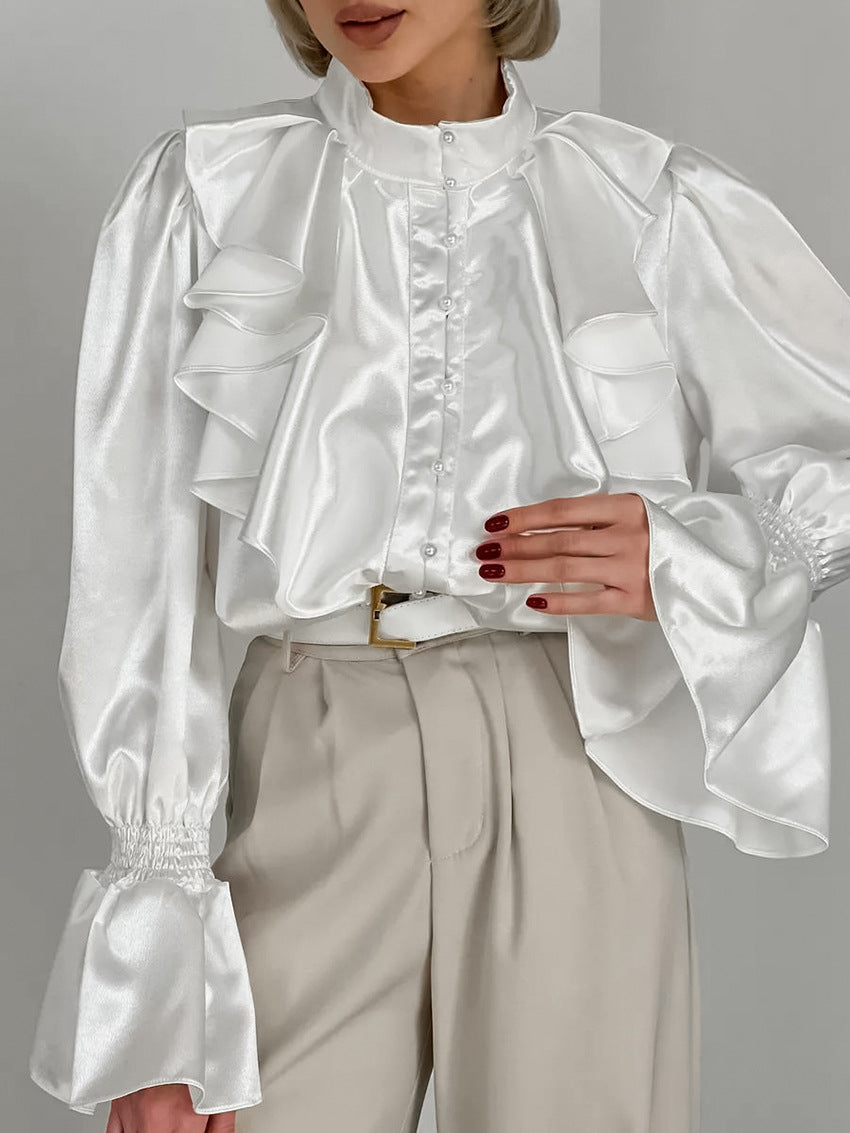 Ruffled Satin Button Down Blouse