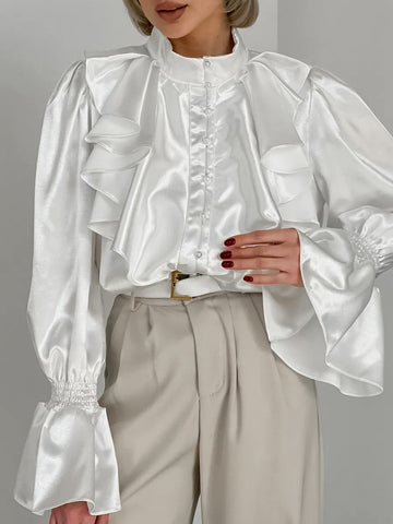 Ruffled Satin Button Down Blouse