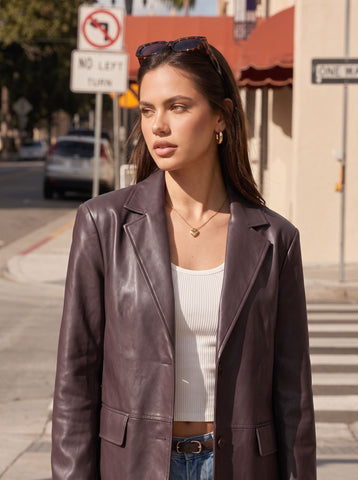 Classic Oversized Brown Faux Leather Blazer