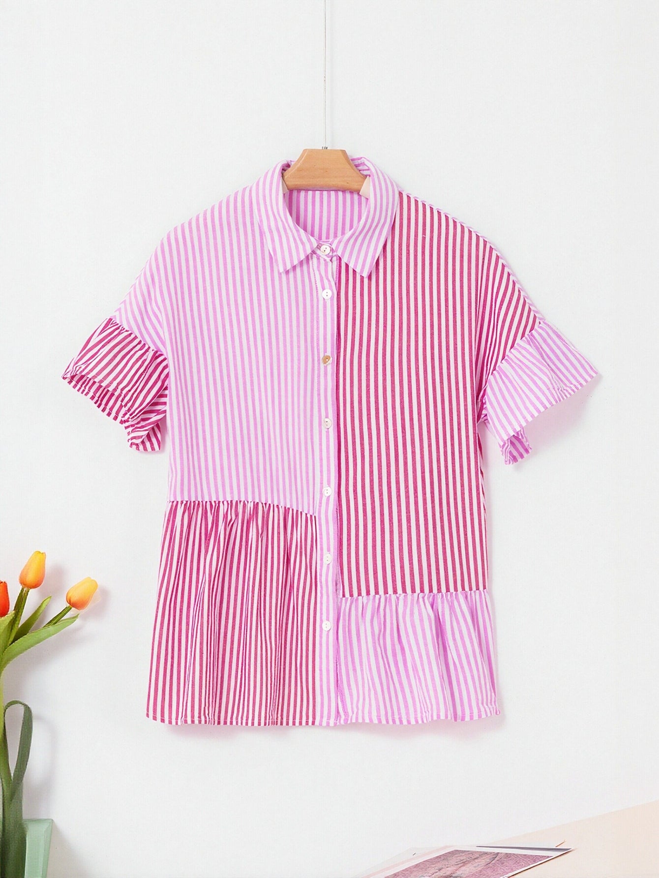 Pink Striped Ruffled Peplum Button Shirt