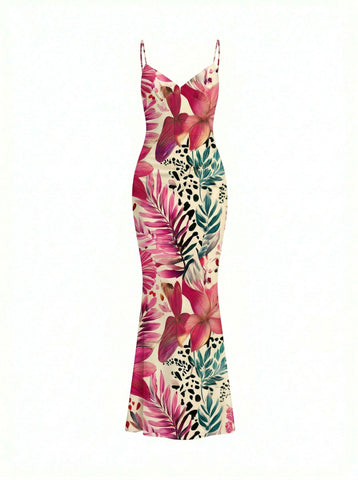 Floral Print Spaghetti Strap Bodycon Maxi Dress