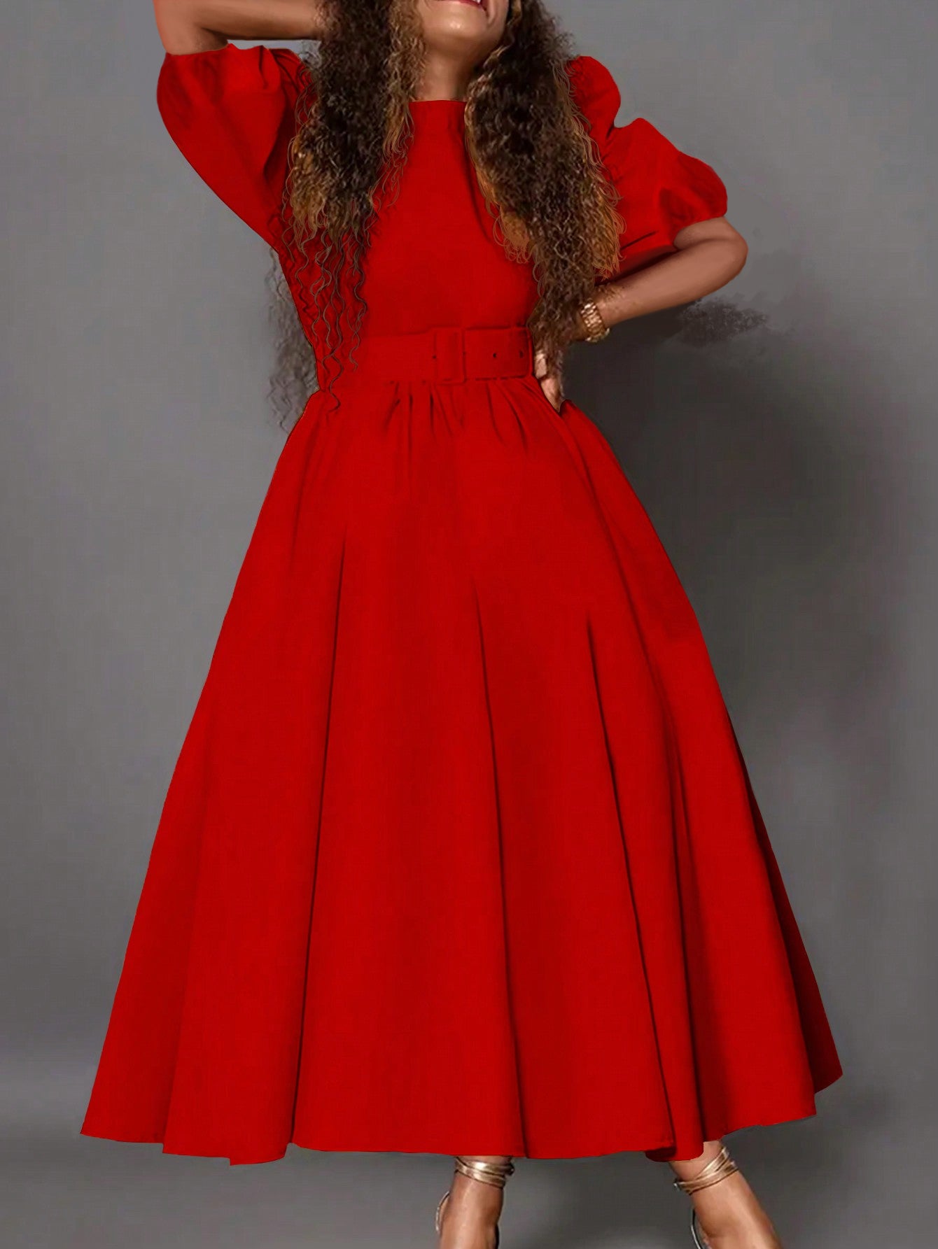Puff Sleeve Belted Midi Dress