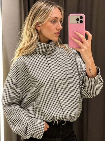Oversized Gingham Stand Collar Casual Jacket