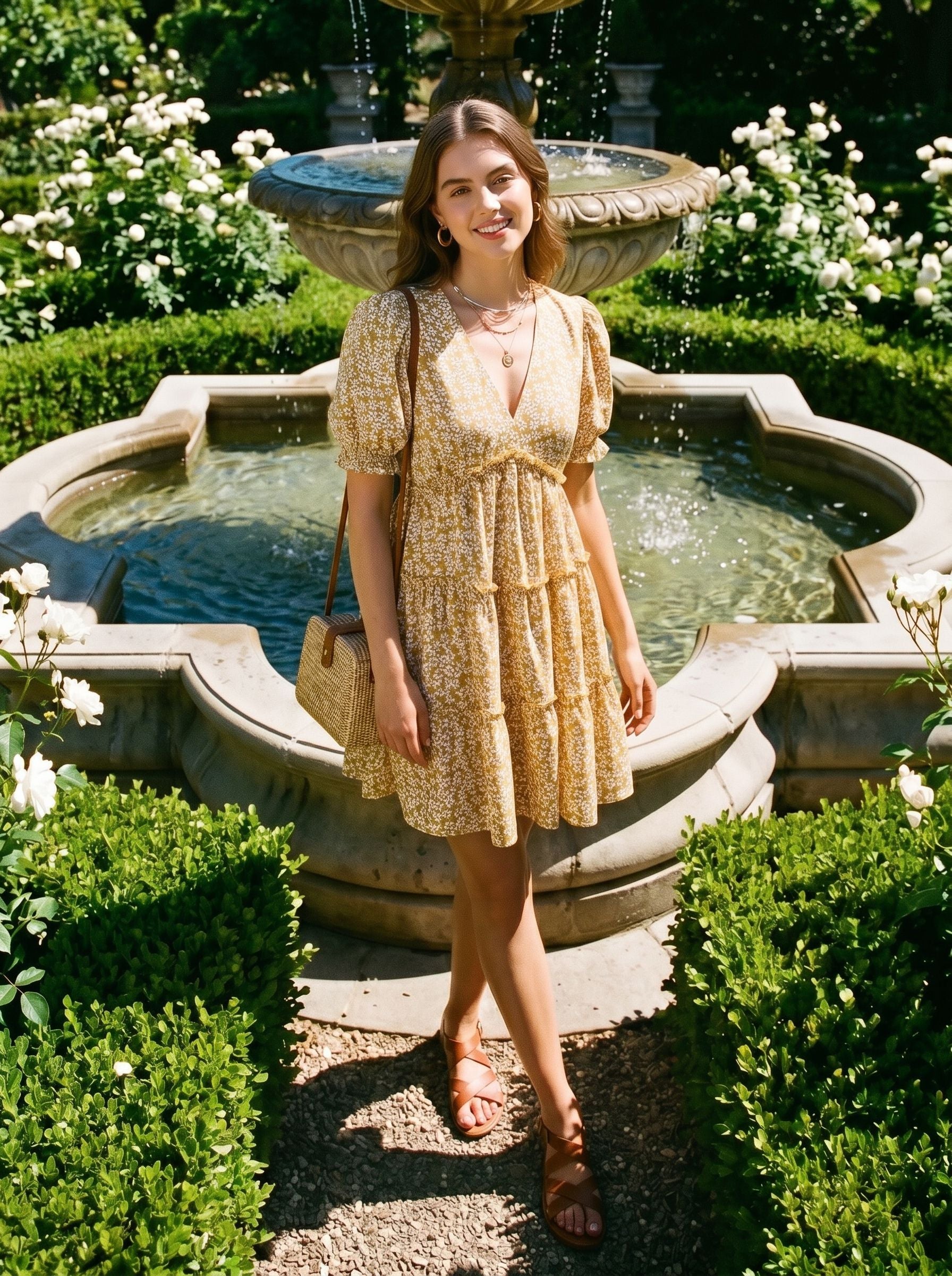 Puff Sleeve Tiered Skirt Midi Dress