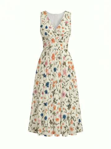 CORINNE
Floral Print V Neck A Line Midi Dress