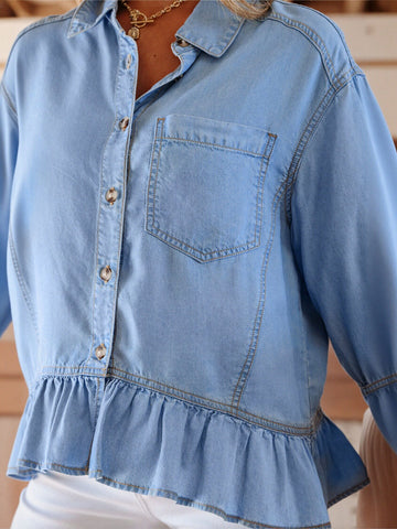 Lightweight Ruffled Peplum Denim Shirt
