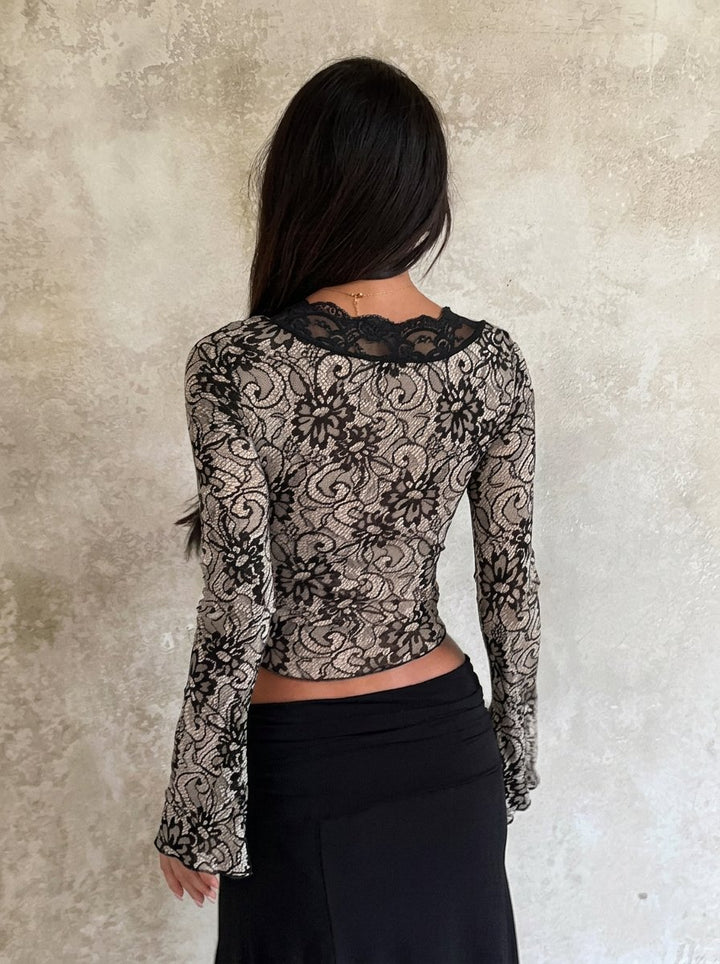 Sheer Floral Lace Long Sleeve Top