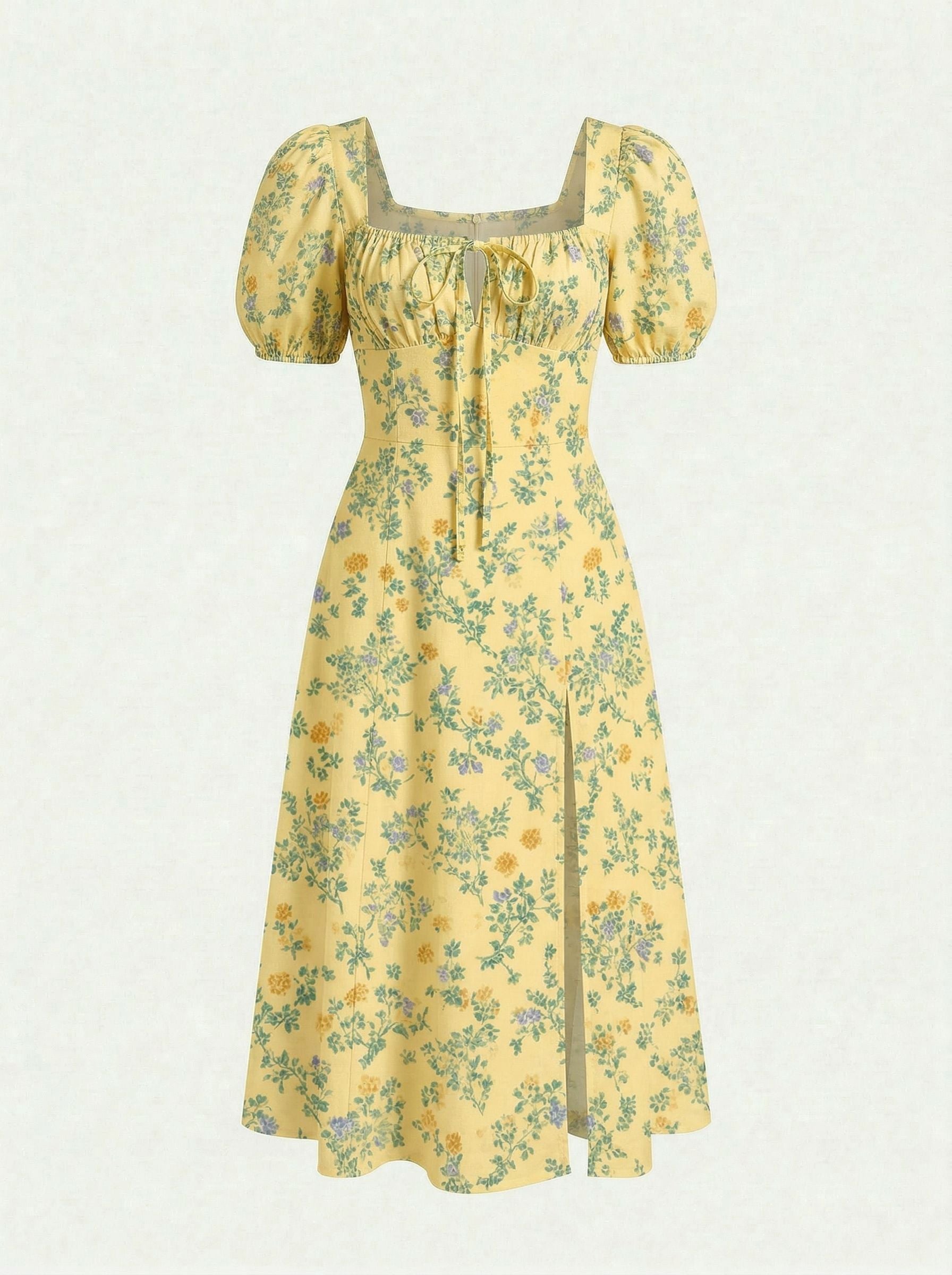 Floral Print Puff Sleeve Tie MidiDress
