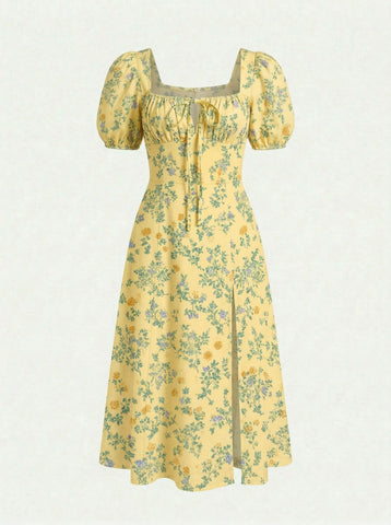 Floral Print Puff Sleeve Tie MidiDress