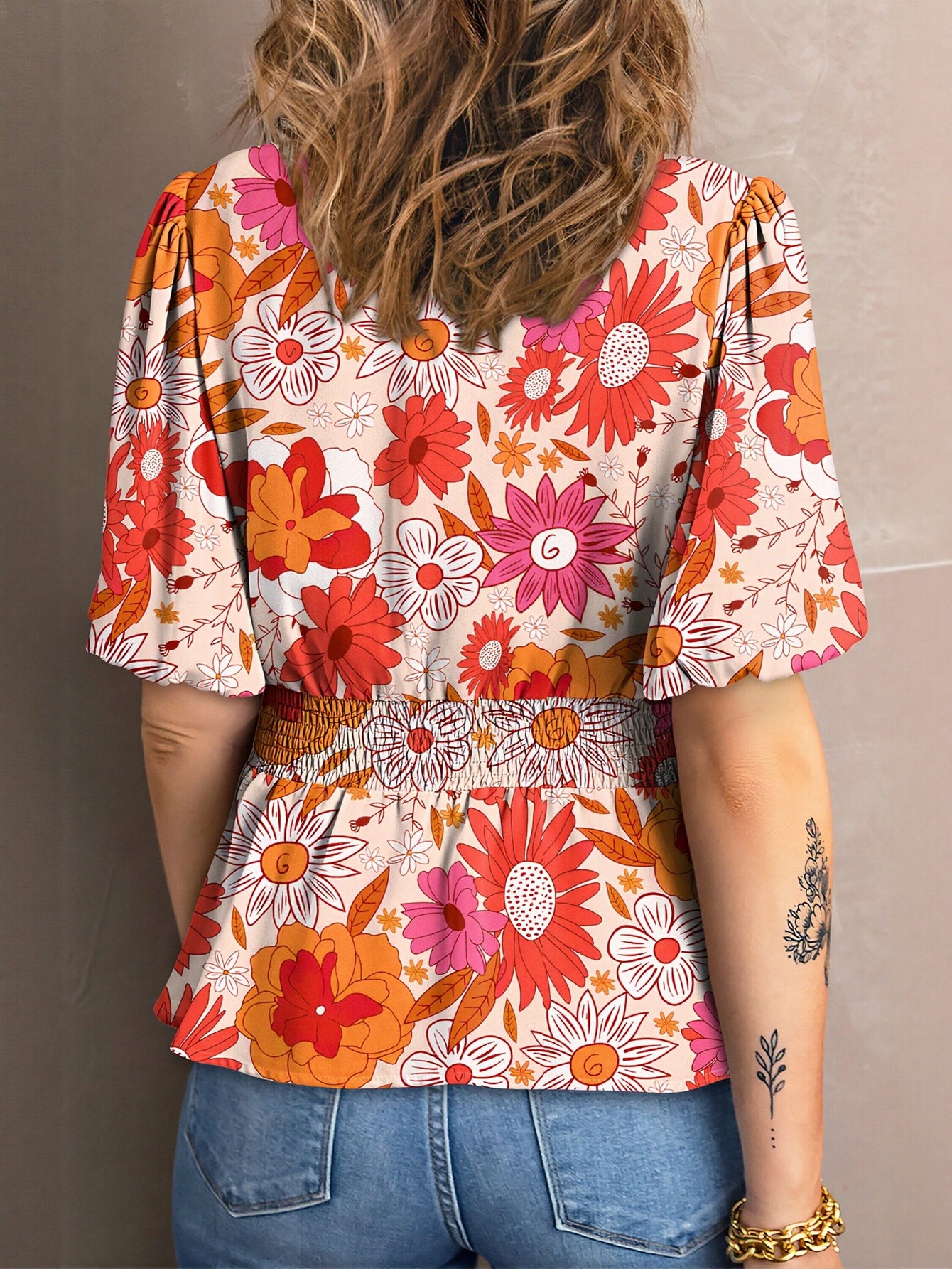 Floral Print Puff Sleeve Chiffon Top