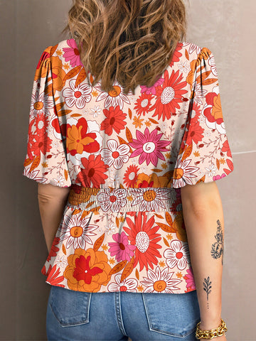 Floral Print Puff Sleeve Chiffon Top