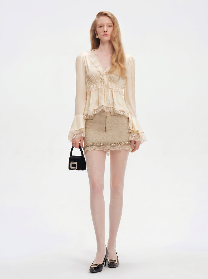Elegant Lace Trim Satin Blouse