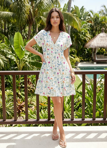 EVA Floral Print V Neck Tiered Babydoll Mini Dress