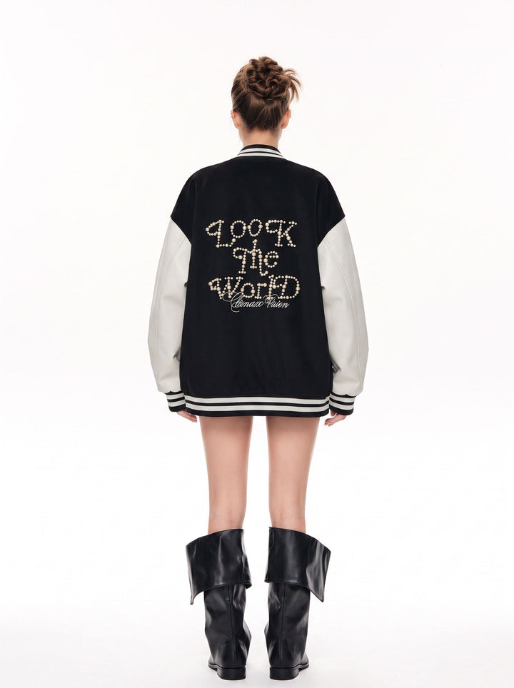 Oversized Colorblock Embroidered Varsity Jacket