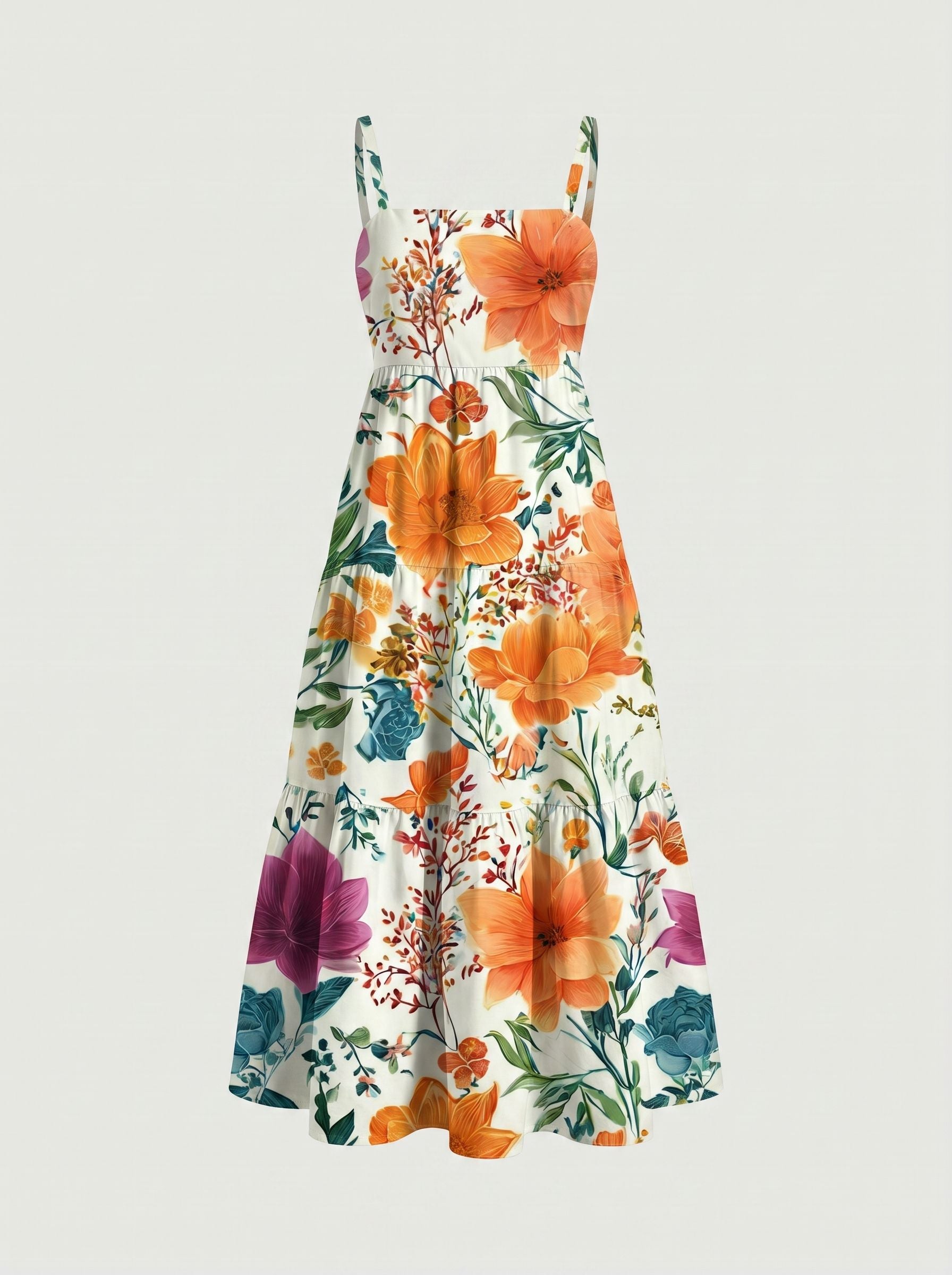 FLORA Floral Print Tiered Strap Midi Dress