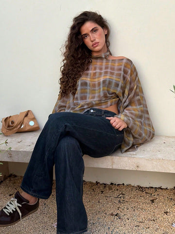 Plaid Chiffon Halter Neck Blouse