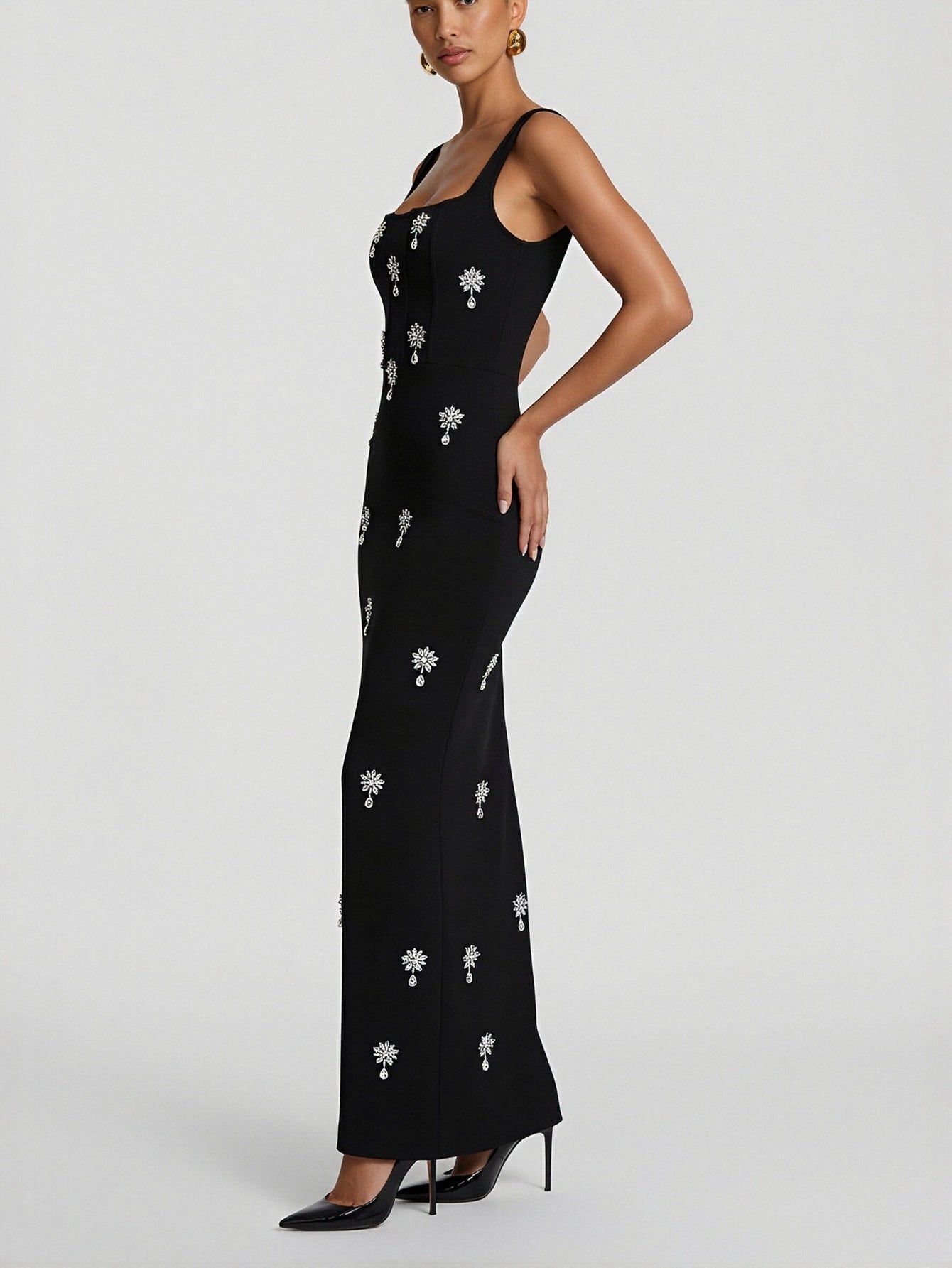 Wide-Strap Sleeveless Bodycon Evening Maxi Dress-Black