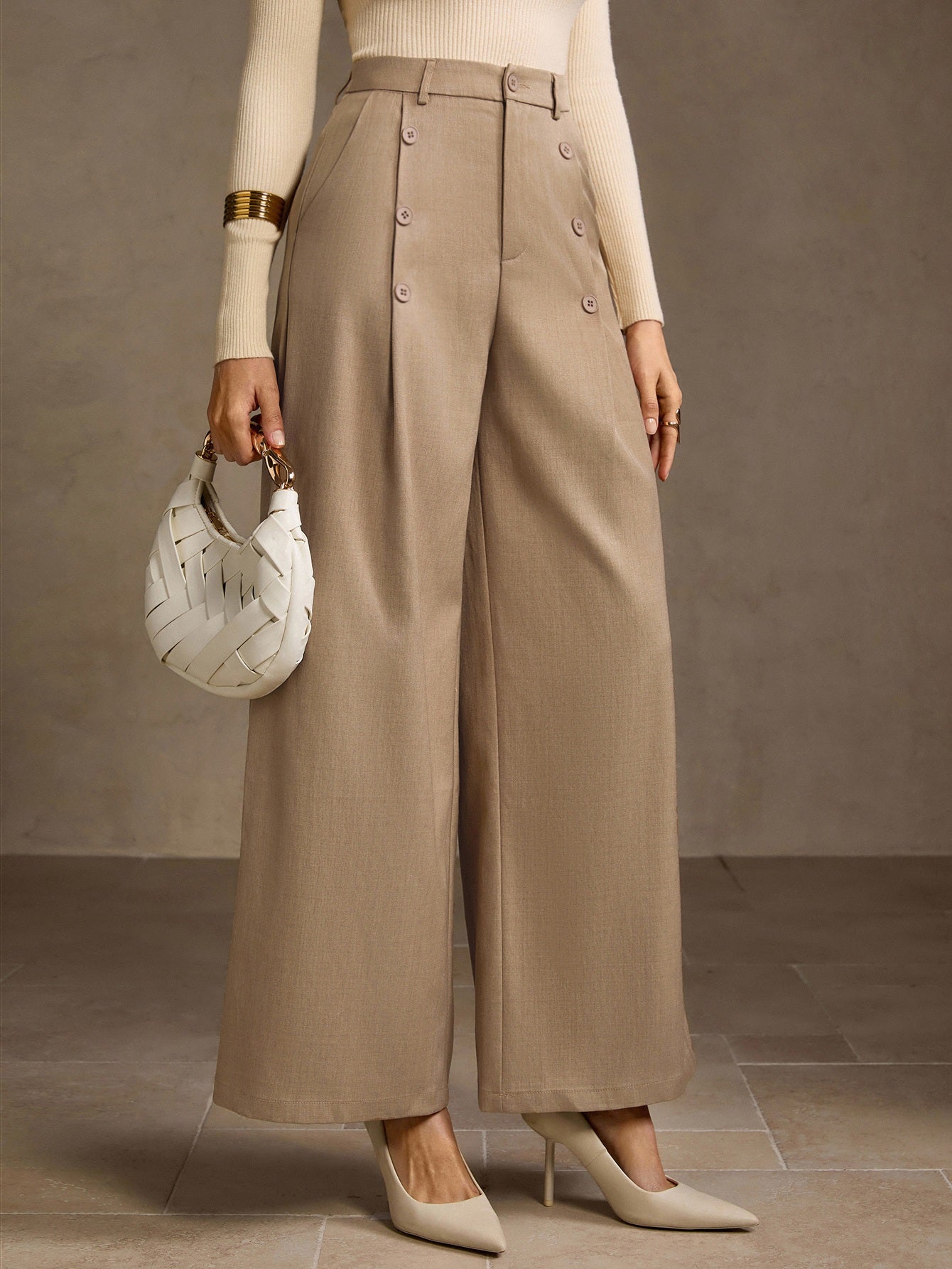 High Waisted Button Detail Wide Leg Pants