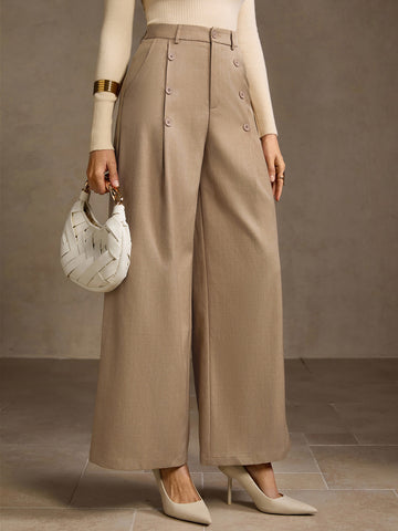High Waisted Button Detail Wide Leg Pants