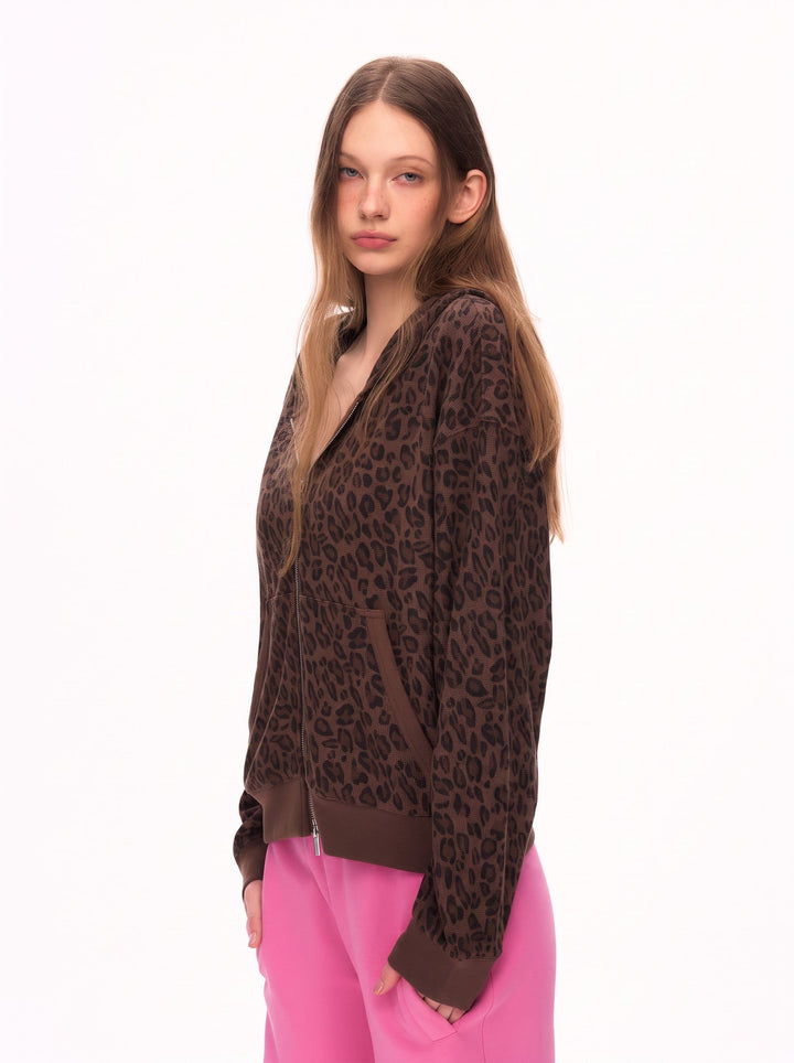 Leopard Print Cropped Zip Up Hoodie