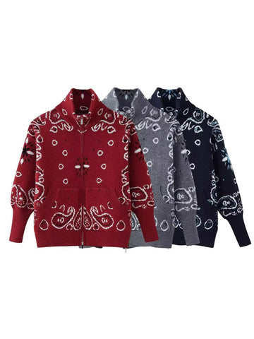 Oversized Bandana Print Zip Cardigan