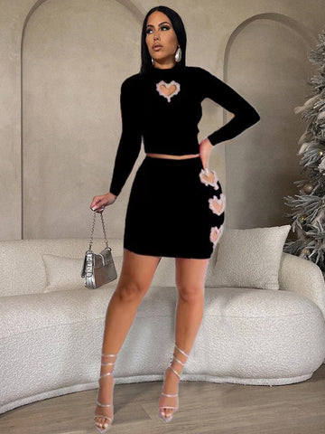 Rhinestone Heart Cutout Skirt Set