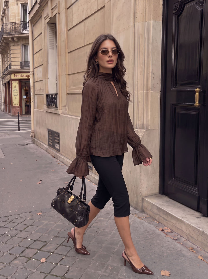 Sheer Ruffle Sleeve Mock Neck Blouse
