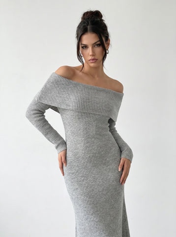 Off Shoulder Ribbed Knit Maxi Dress