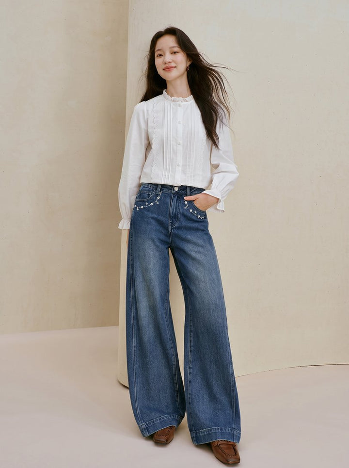 Embroidered High Waisted Wide Leg Jeans