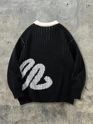 Oversized Graphic Collared Knit Sweater