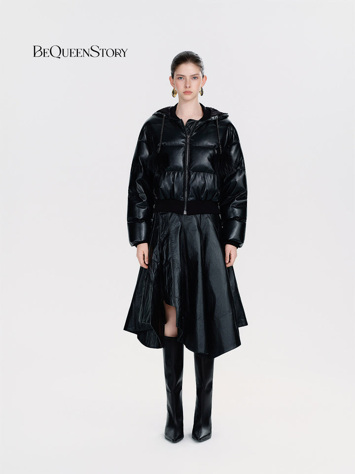 Cropped Faux Leather Puffer Jacket