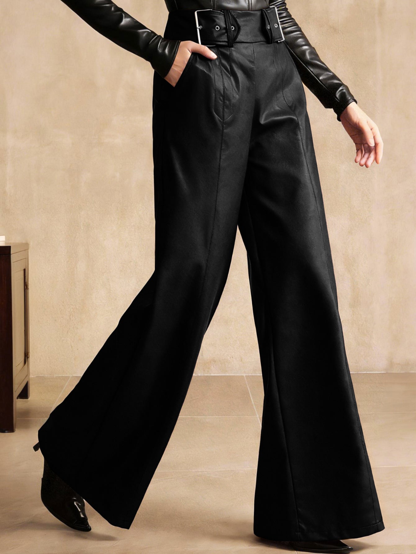 High Waisted Belted Faux Leather Pants