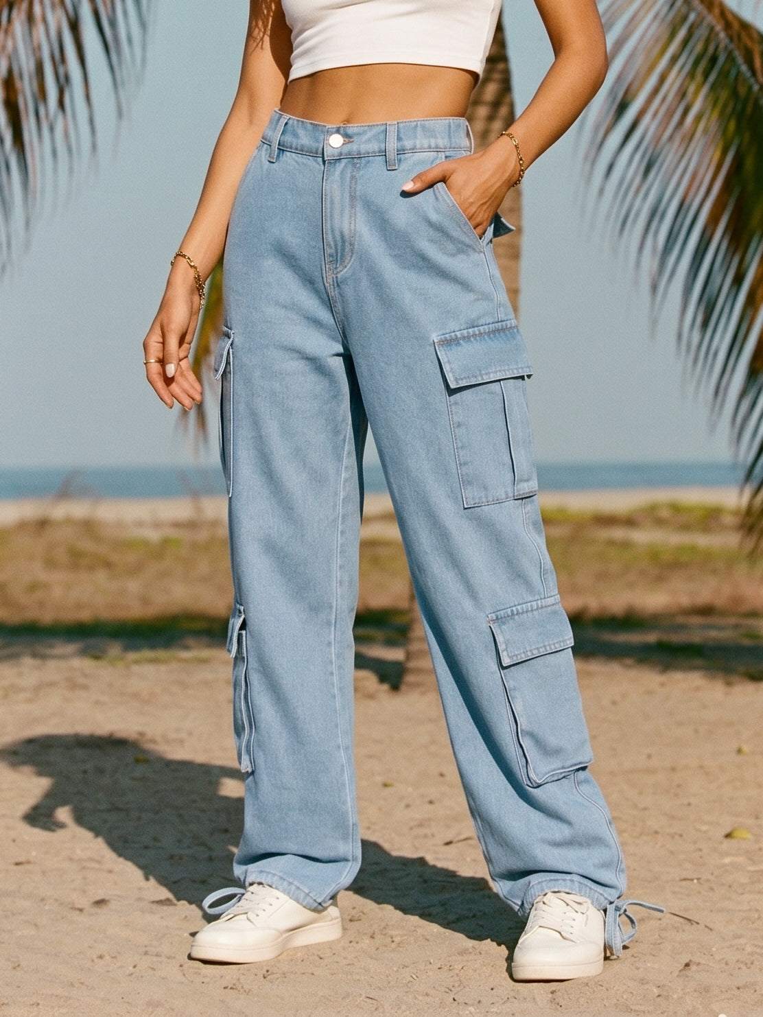 High Waisted Loose Cargo Jeans