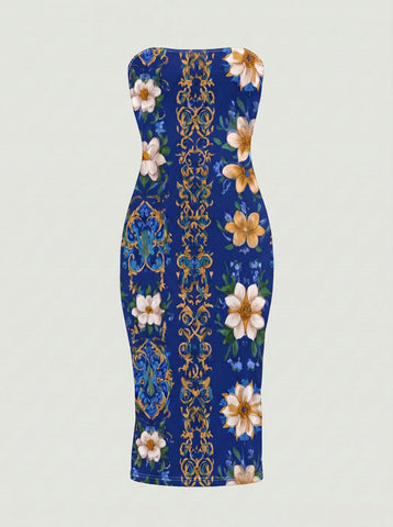 MAIA Floral Print Strapless Sheath Midi Dress