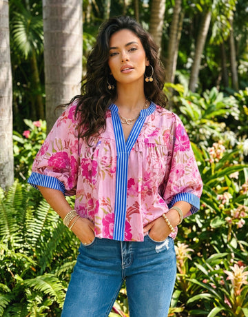 Floral Print Striped Trim Blouse