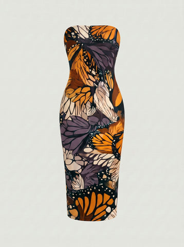 MAIA Floral Print Strapless Sheath Midi Dress